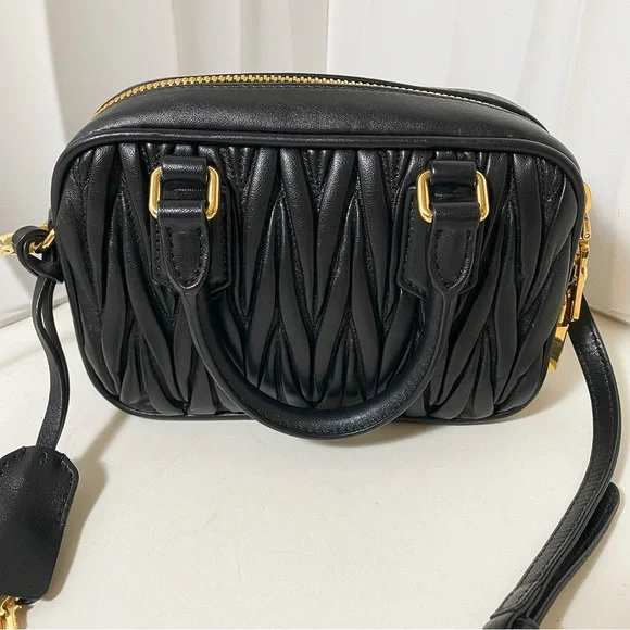 Miu Miu Matelassé Black Leather Bowling Bag - Picture 2 of 14